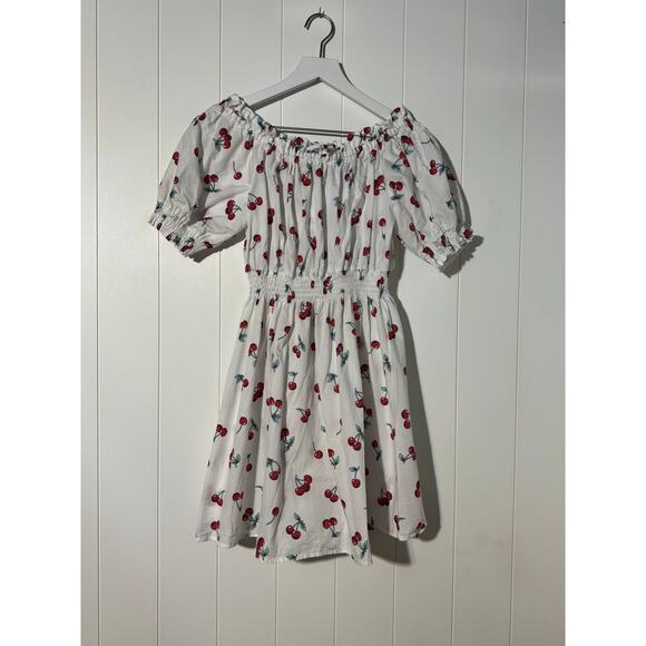 Amorini White Cherry Print Shirred Off Shoulder Puff Sleeve Mini Dress S - Picture 2 of 6
